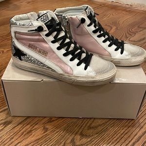 Golden Goose Slide High Top Sneaker in Salmon Pink, Silver, Ice, White & Black